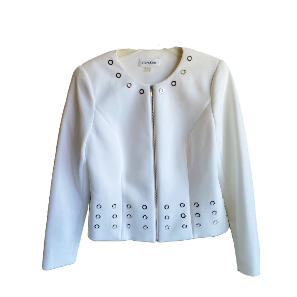 Calvin Klein White Grommet Jacket Zip Front Modern Minimalist Chic Statement 14